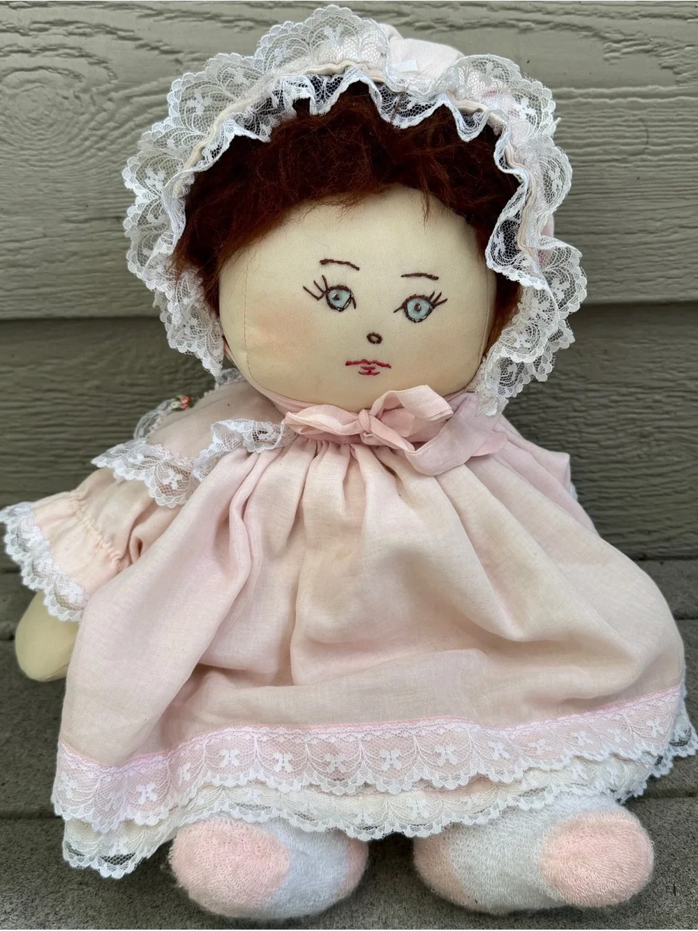 Vintage Handcrafted Soft Sculptured Old Doll Pink Dress Bonnet 21” Socks Daddy
